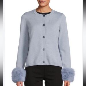 NWT Saks Fifth Avenue Women's Knit Faux Fur Cuff Button Up Sweater